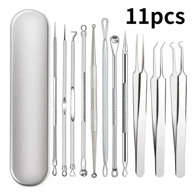 11-Piece Acne & Blackhead Remover Kit – Ultra-Fine Tweezers, Extractor Tools & Facial Cleaning Needles