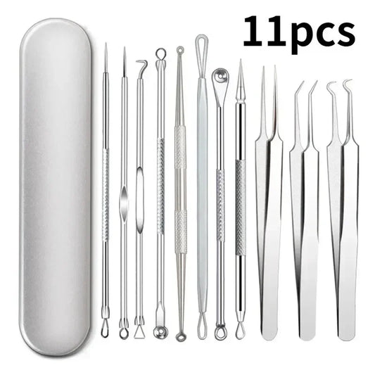 11-Piece Acne & Blackhead Remover Kit – Ultra-Fine Tweezers, Extractor Tools & Facial Cleaning Needles