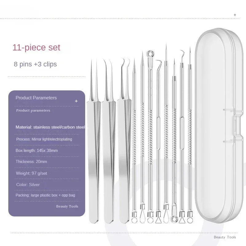 11-Piece Acne & Blackhead Remover Kit – Ultra-Fine Tweezers, Extractor Tools & Facial Cleaning Needles